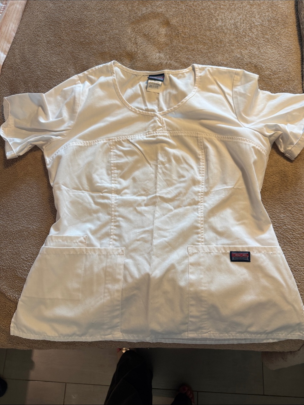 Cherokee White V-Neck Scrub Top with Front Pockets